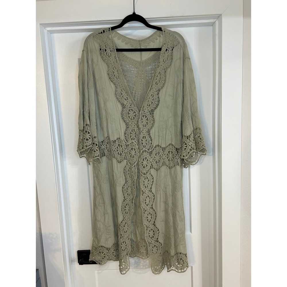 Raj Anthropologie Sage Green Crochet Lace Butterfly Kimono Cardigan One Size
